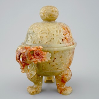 A Chinese yellowish-green jade censer with cover, 19th C.